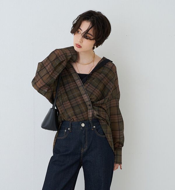 Rouge vif「P/R強撚シアーチェック2WAYシャツ/カシュクールシャツ」|シャツ・ブラウス|