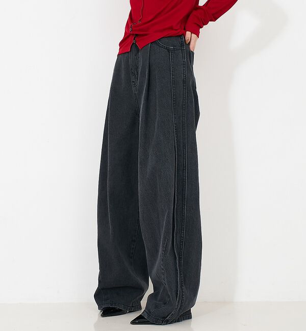NOMINE「サイドライン タック ワイド ハイウエスト デニムパンツ」|デニム|
