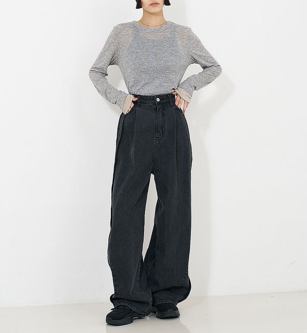NOMINE「サイドライン タック ワイド ハイウエスト デニムパンツ」|デニム|