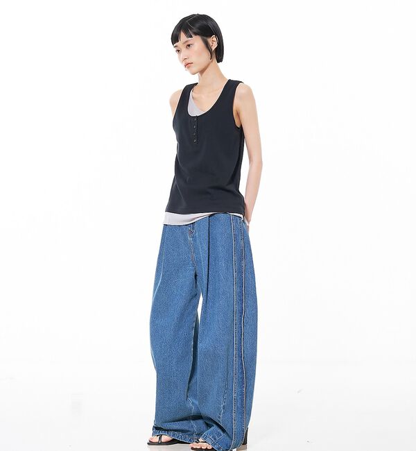 NOMINE「サイドライン タック ワイド ハイウエスト デニムパンツ」|デニム|