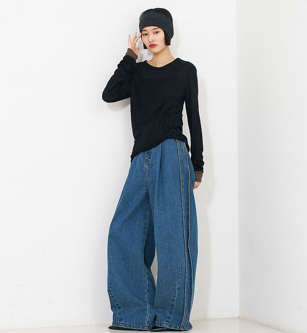 NOMINE「サイドライン タック ワイド ハイウエスト デニムパンツ」|デニム|