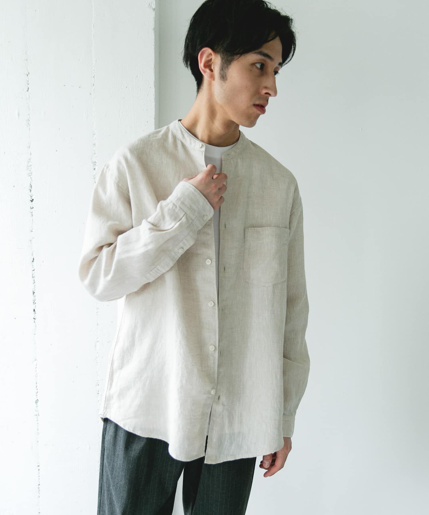 URBAN RESEARCH DOORS「シルケットリネン バンドカラーロングスリーブシャツ」|シャツ・ブラウス|