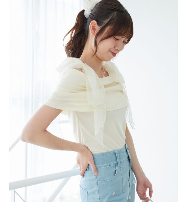  「肩リボンオフショルカットトップス」|Tシャツ・カットソー|