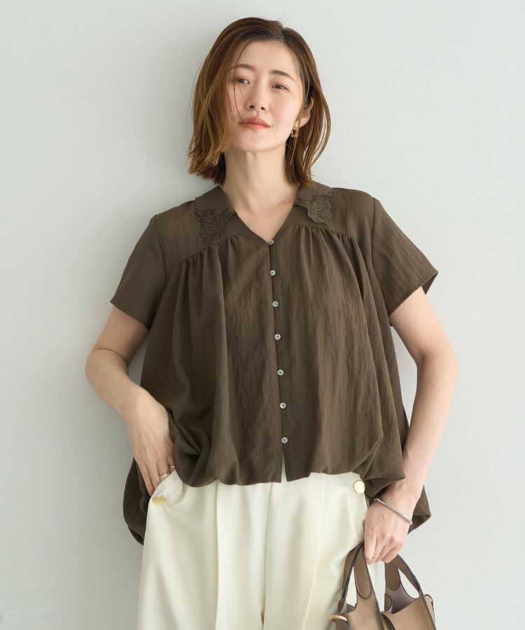 YECCA VECCA「刺繍カラーバルーンヘムブラウス」|シャツ・ブラウス|Brown