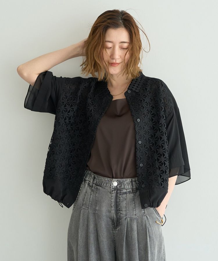 Editt by YECCA VECCA「レースMIXレイヤードハーフスリーブシャツ」|シャツ・ブラウス|Black
