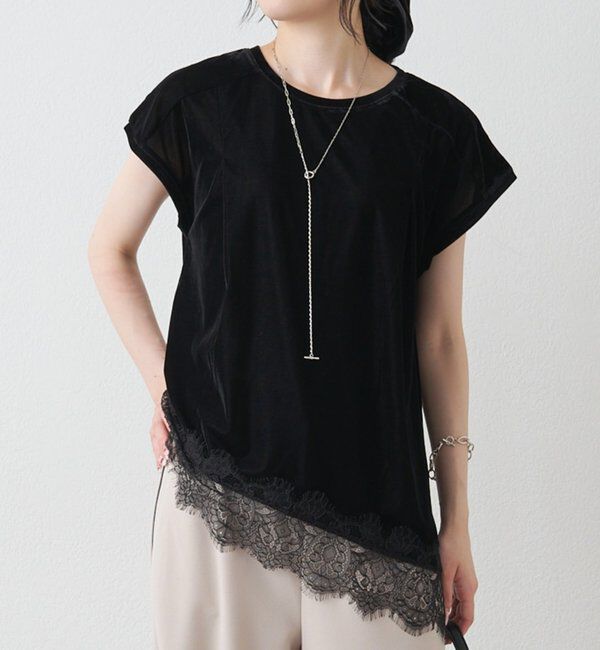  「レースヘムシアーベロアTシャツ」|Tシャツ・カットソー|ブラック