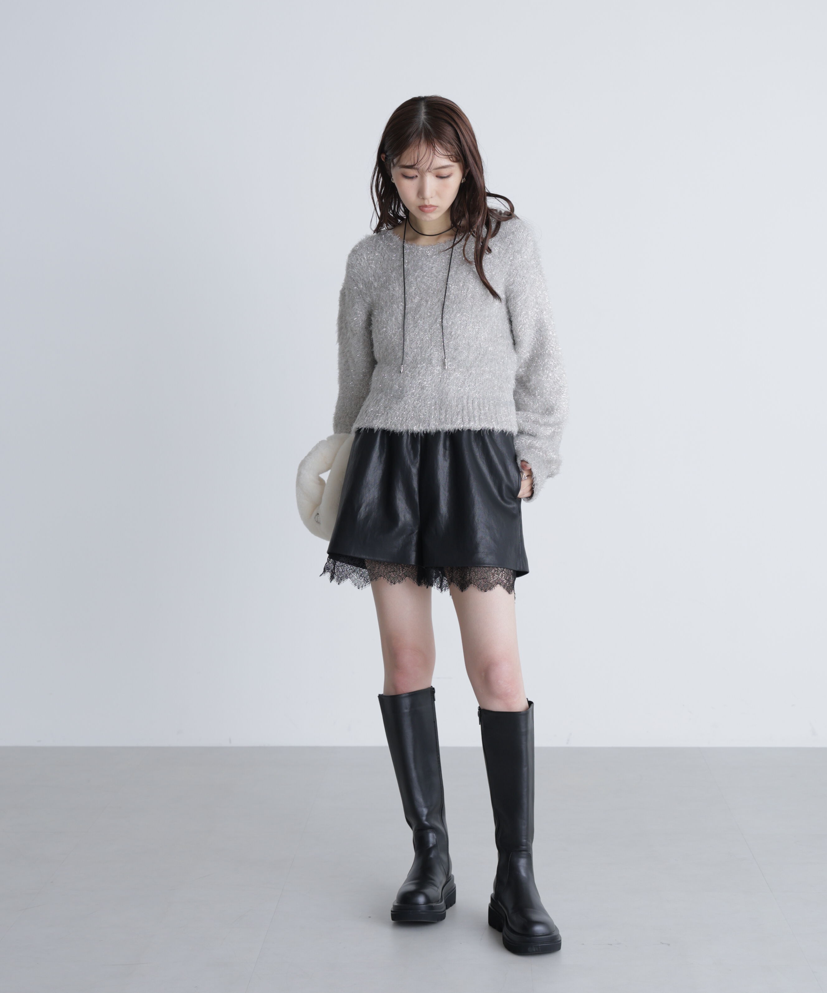  「レースレイヤードエコレザーショートパンツ」|その他|