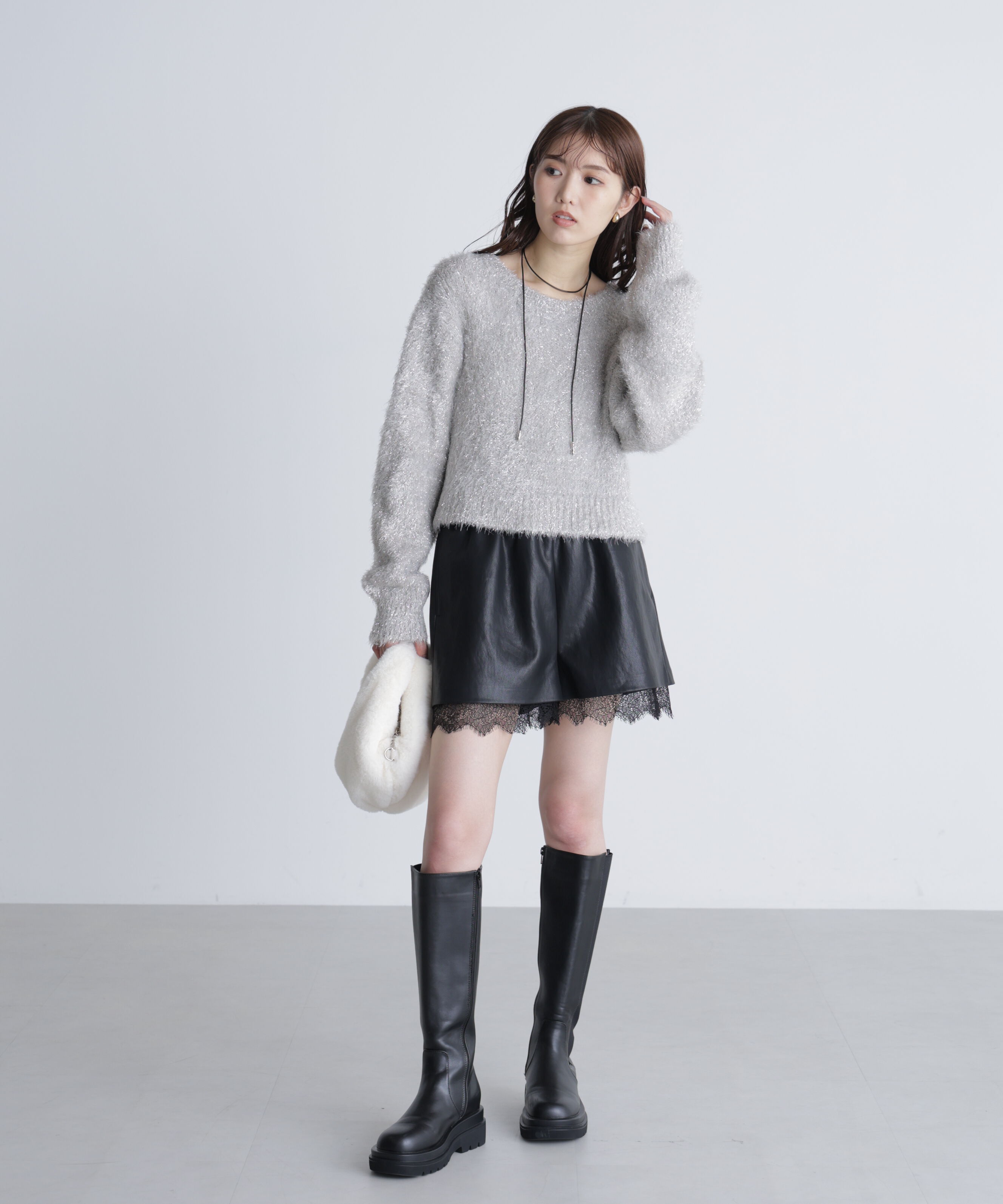  「レースレイヤードエコレザーショートパンツ」|その他|