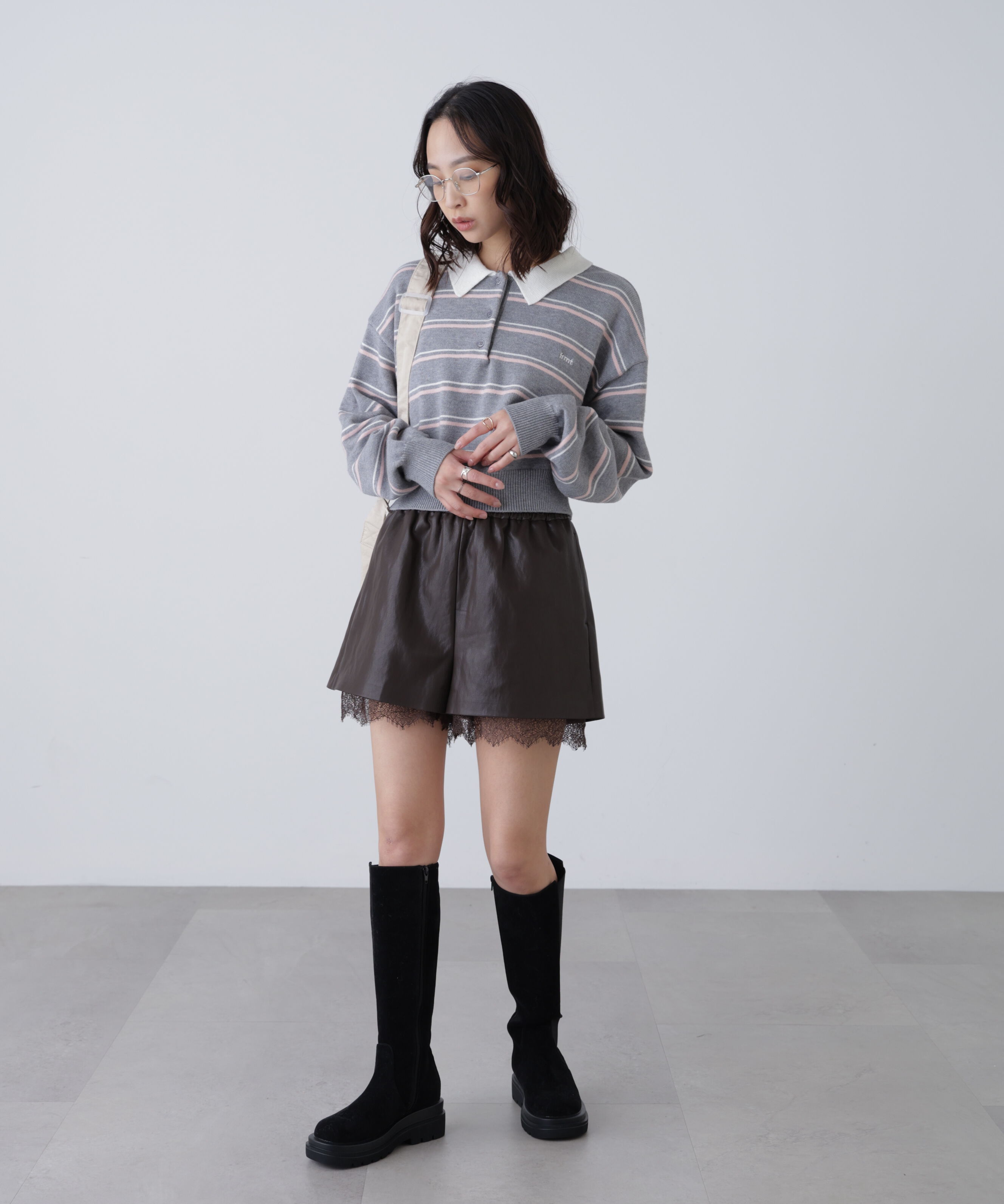  「レースレイヤードエコレザーショートパンツ」|その他|