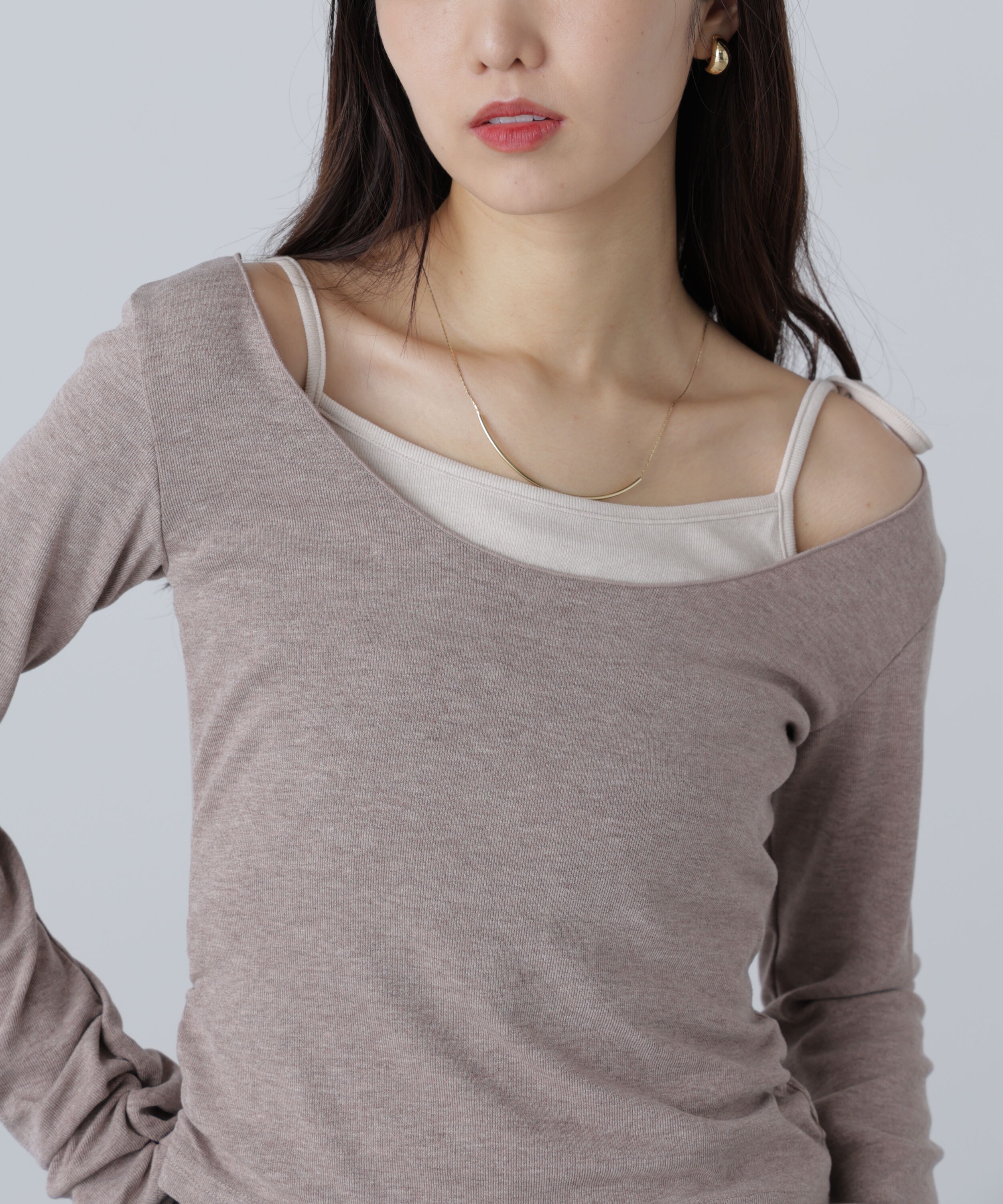  「ワンショルキャミレイヤード風カットソー」|Tシャツ・カットソー|