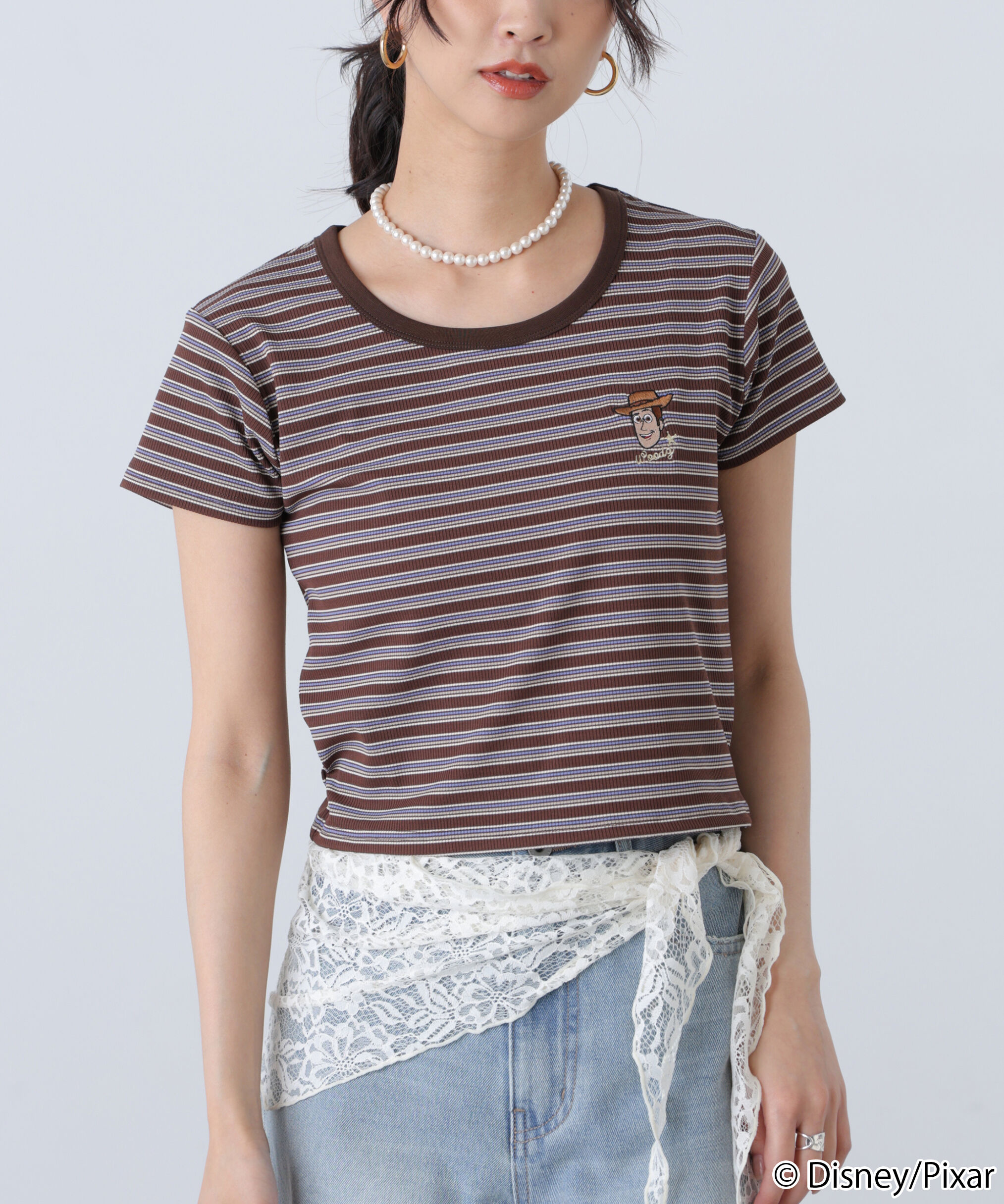  「ワンポイント刺繍半袖ボーダーカットソー」|Tシャツ・カットソー|