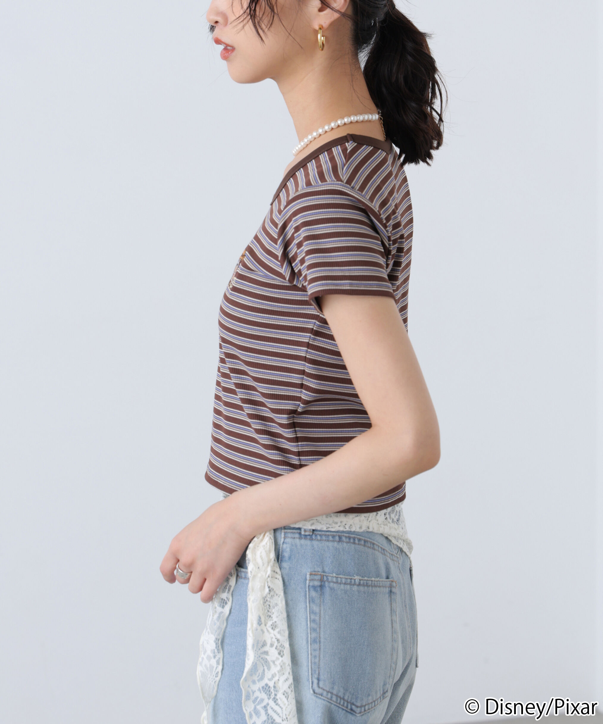  「ワンポイント刺繍半袖ボーダーカットソー」|Tシャツ・カットソー|