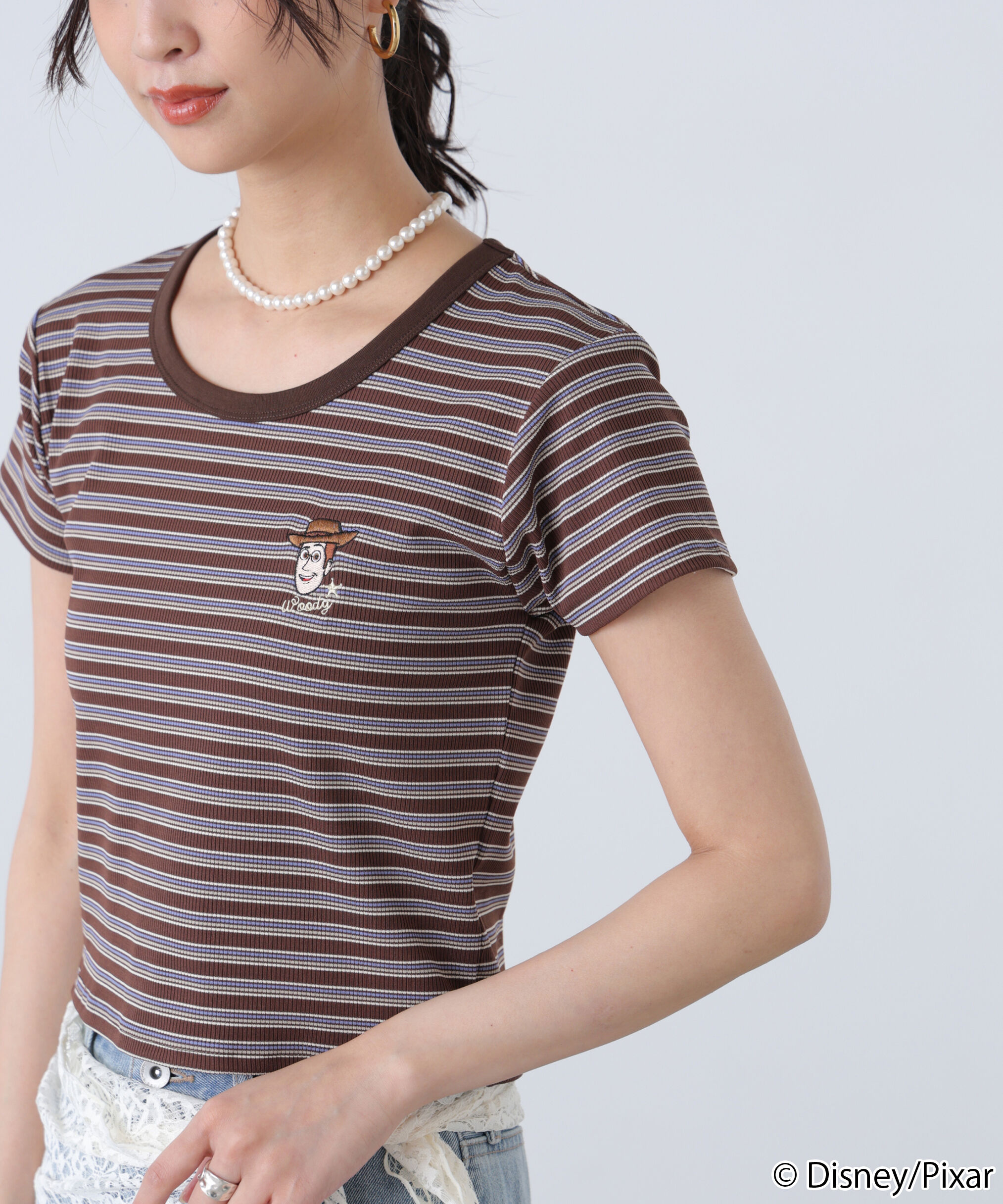  「ワンポイント刺繍半袖ボーダーカットソー」|Tシャツ・カットソー|