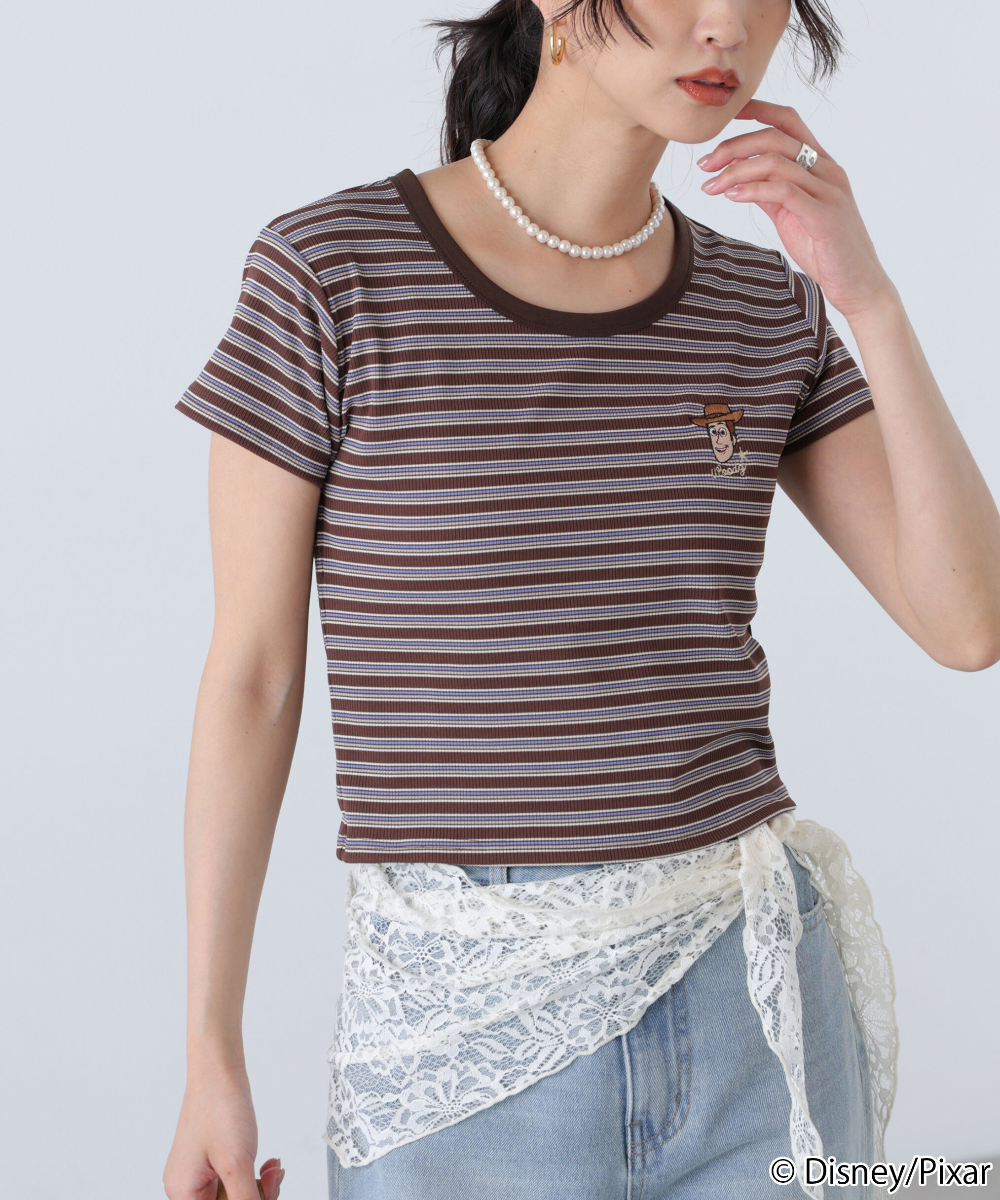  「ワンポイント刺繍半袖ボーダーカットソー」|Tシャツ・カットソー|