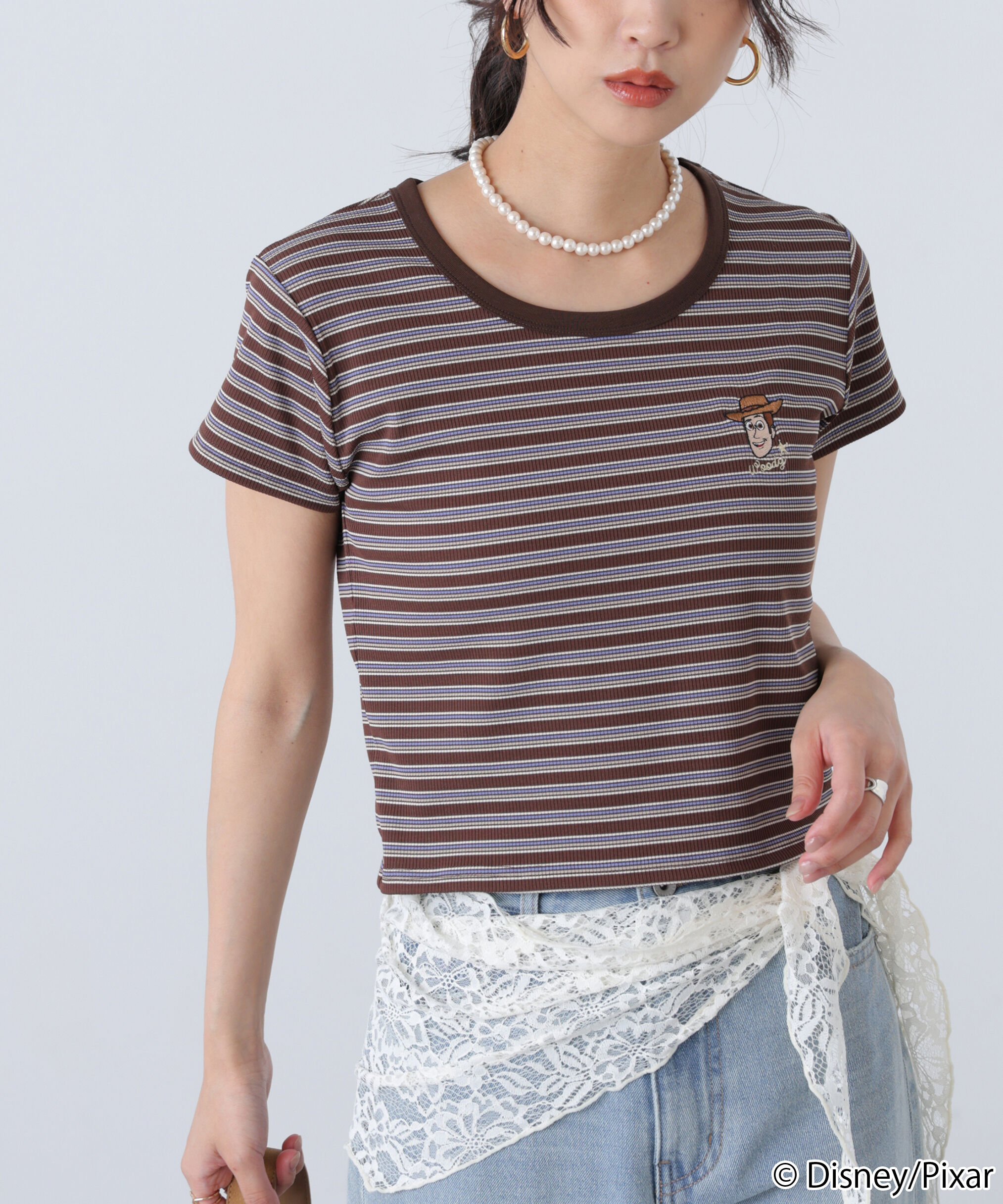 「ワンポイント刺繍半袖ボーダーカットソー」|Tシャツ・カットソー|