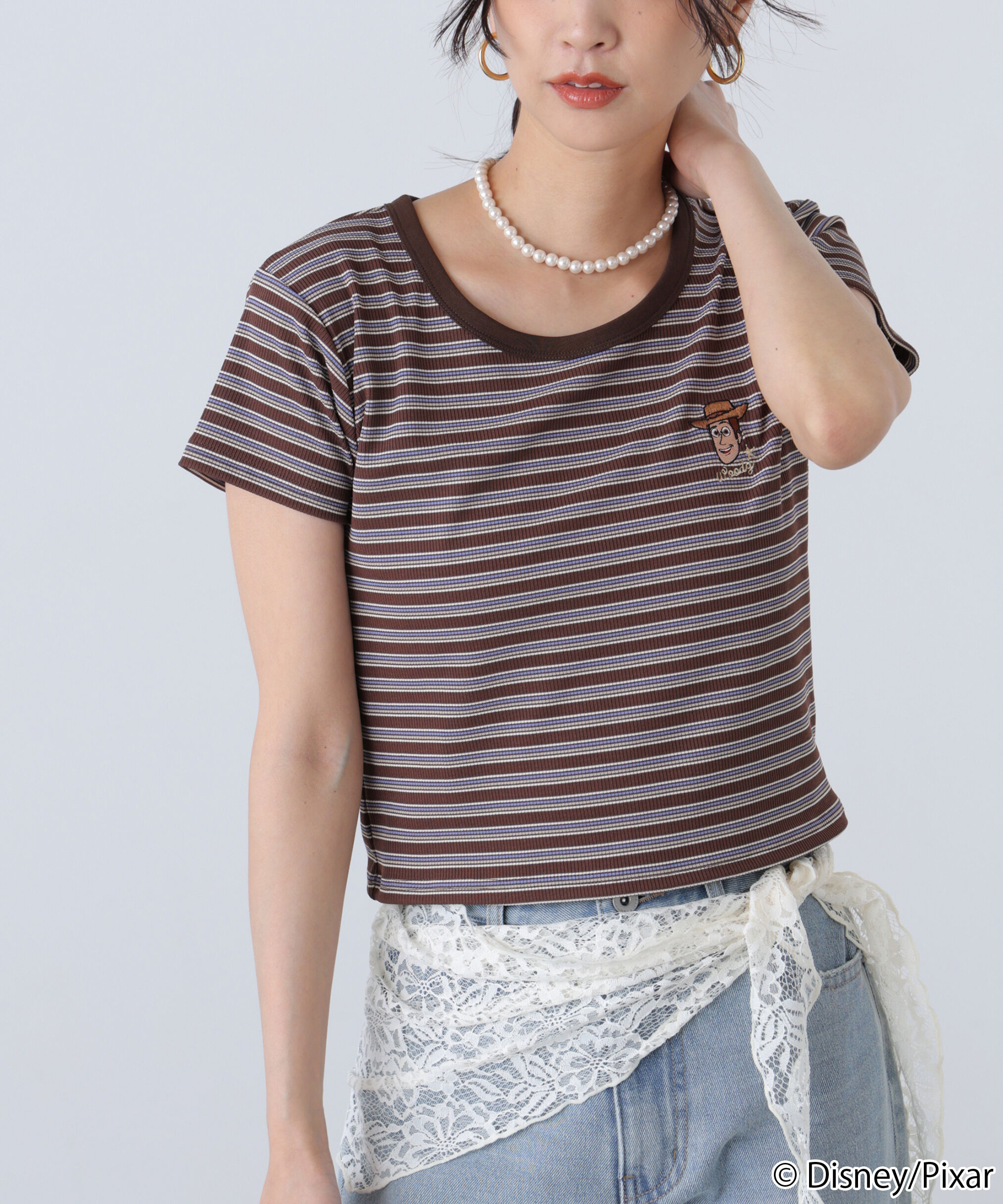  「ワンポイント刺繍半袖ボーダーカットソー」|Tシャツ・カットソー|