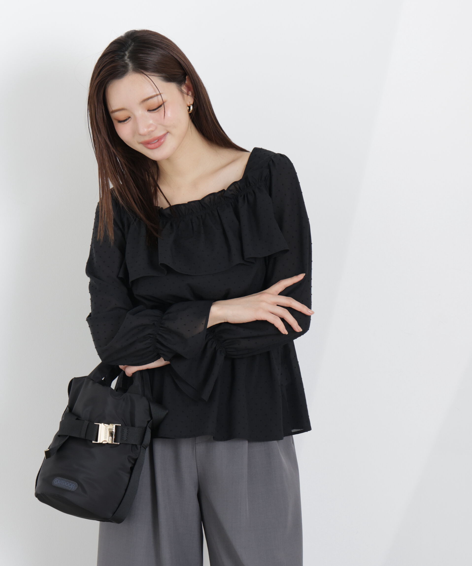 PROPORTION BODY DRESSING「＜ウォッシャブル＞フリルシャーリングブラウス　26SS」|シャツ・ブラウス|ブラック