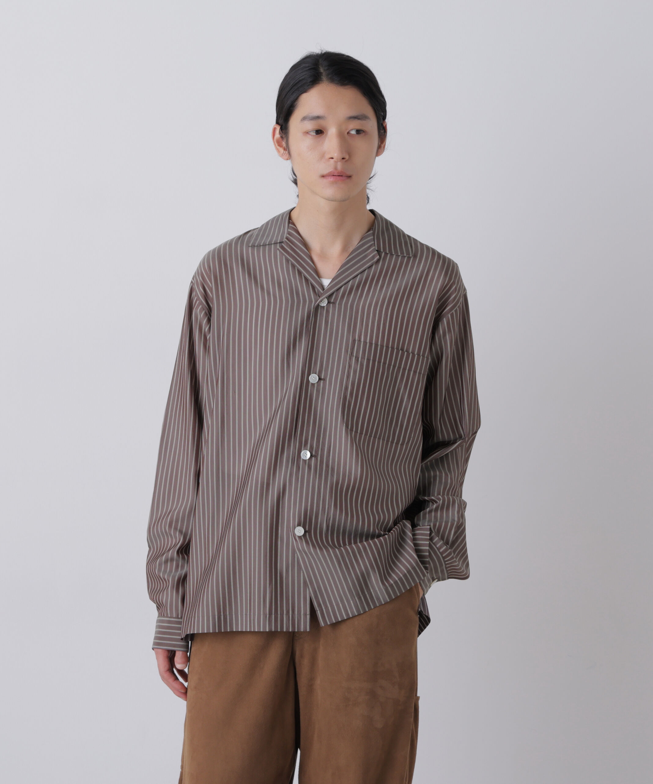 YLEVE 「YLEVE / ACETATE CUPRO STRIPE PJ SHIRT」|シャツ・ブラウス|BROWN8