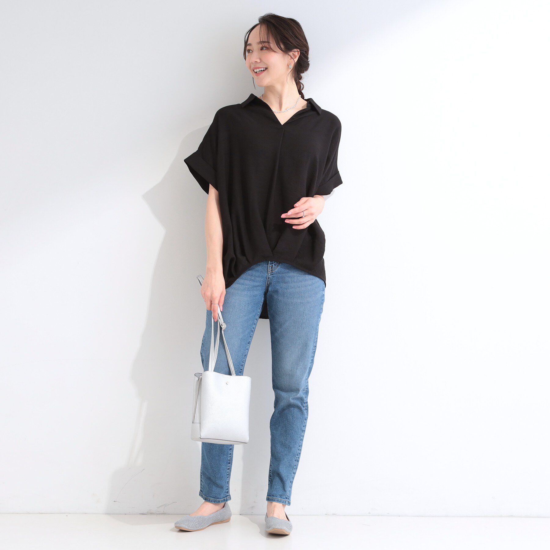 SHOO･LA･RUE「【ひんやり/S-LL/洗濯機可】インせず着られる 裾タック スキッパーシャツ」|シャツ・ブラウス|