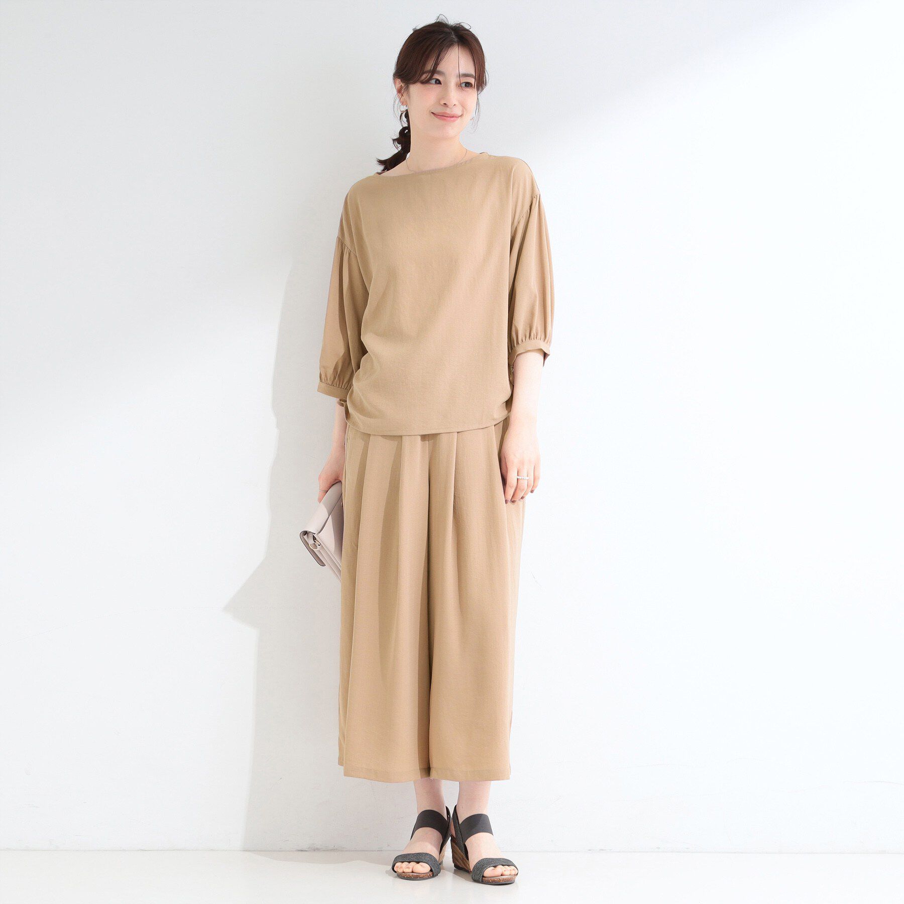 SHOO･LA･RUE「【セットアップ可/S-LL/洗濯機可】上品で涼し気 ゆれる麻調タックスカーチョパンツ」|その他|