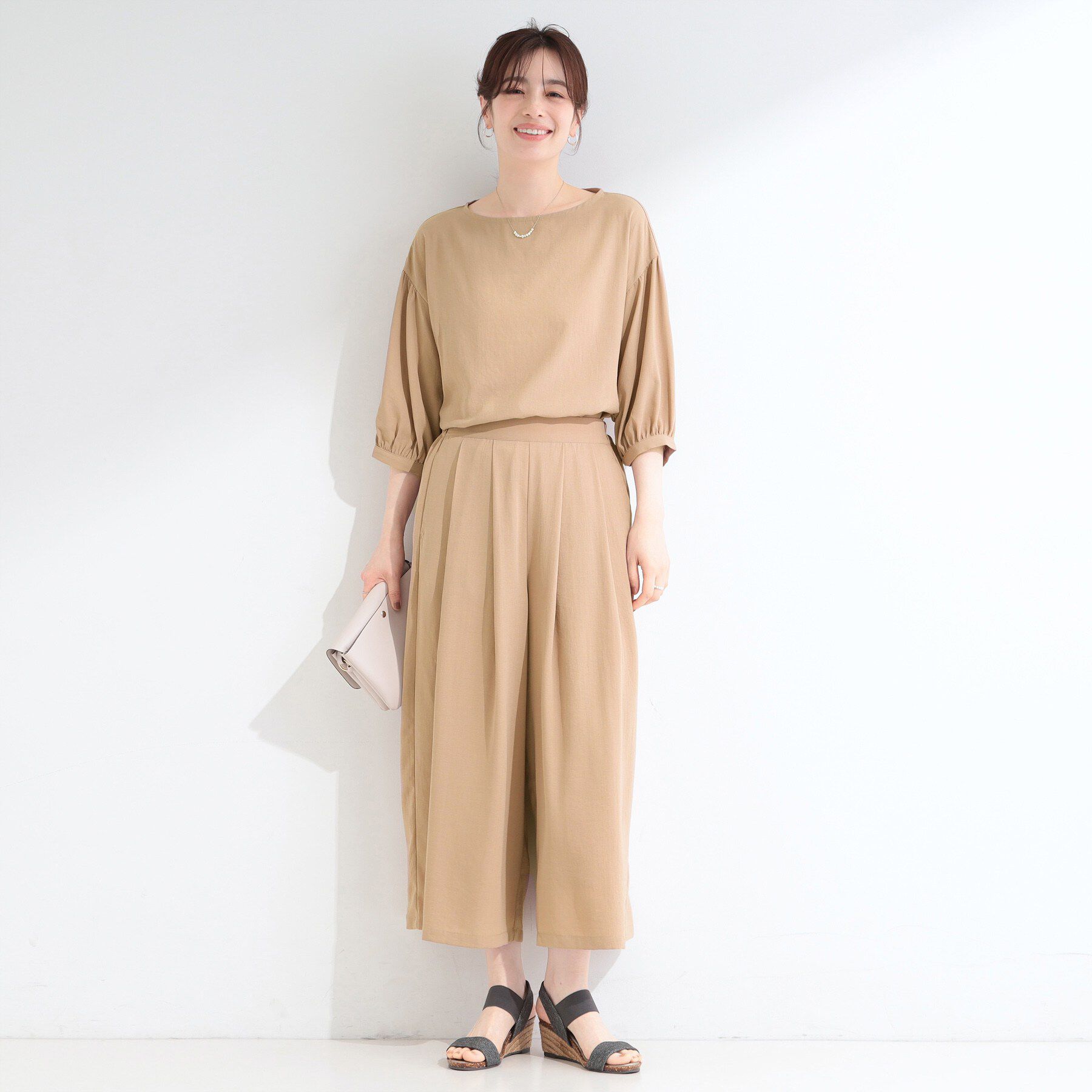 SHOO･LA･RUE「【セットアップ可/S-LL/洗濯機可】上品で涼し気 ゆれる麻調タックスカーチョパンツ」|その他|