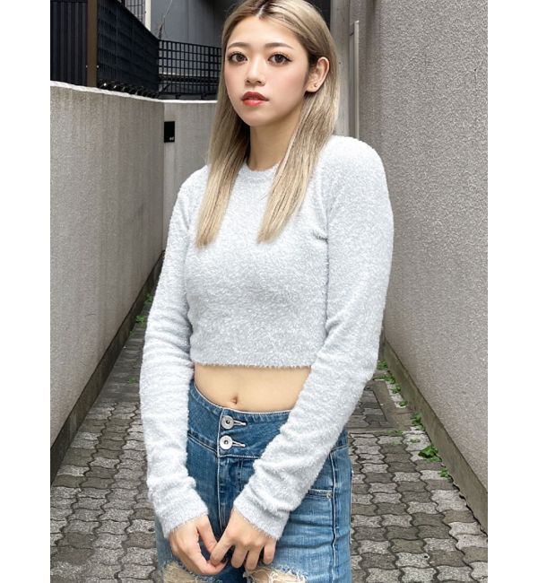 GYDA「BACK リボンラメシャギーショートニットトップス」|ニット・セーター|