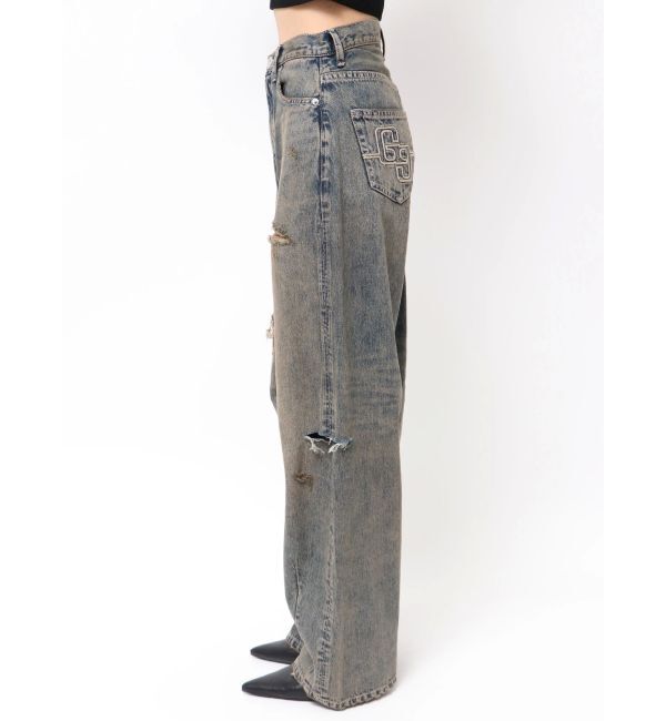GYDA「ハイウエストGG Stitch Barrel Leg ダメージデニムパンツ」|デニム|