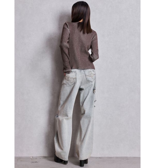 GYDA「ハイウエストGG Stitch Barrel Leg ダメージデニムパンツ」|デニム|