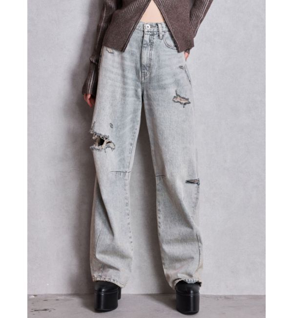 GYDA「ハイウエストGG Stitch Barrel Leg ダメージデニムパンツ」|デニム|アイスブルー