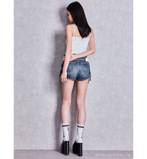 GYDA「ハイウエストcamouflageレイヤードライクショートパンツ」|デニム|