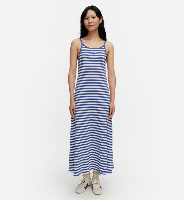 Marimekko「Laulaa Tasaraita Unikko ワンピース」|ワンピース|ブルー&times;オフホワイト