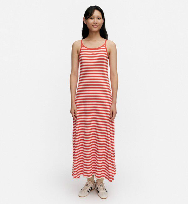 Marimekko「Laulaa Tasaraita Unikko ワンピース」|ワンピース|レッド&times;オフホワイト