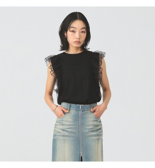 Ray BEAMS 「チュール レイヤー ラッフル フレンチスリーブ」|Tシャツ・カットソー|BLACK
