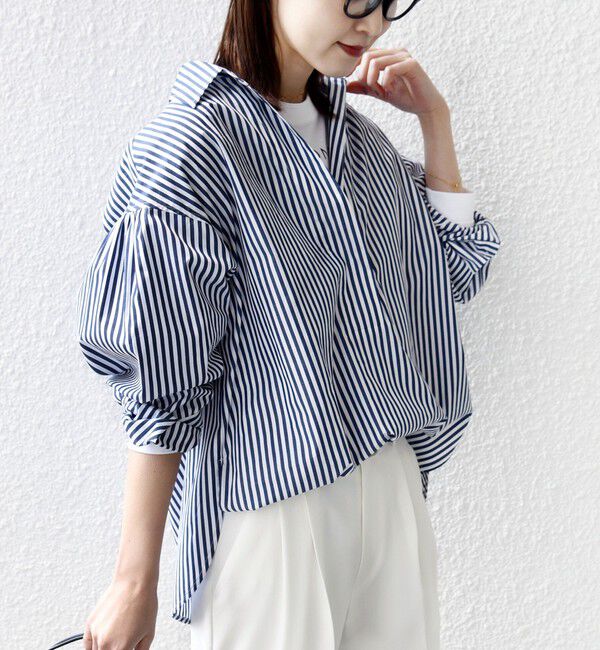 SHIPS for women「〈手洗い可能〉無地 / ストライプ サイド スリット スキッパー コットン シャツ 2」|シャツ・ブラウス|