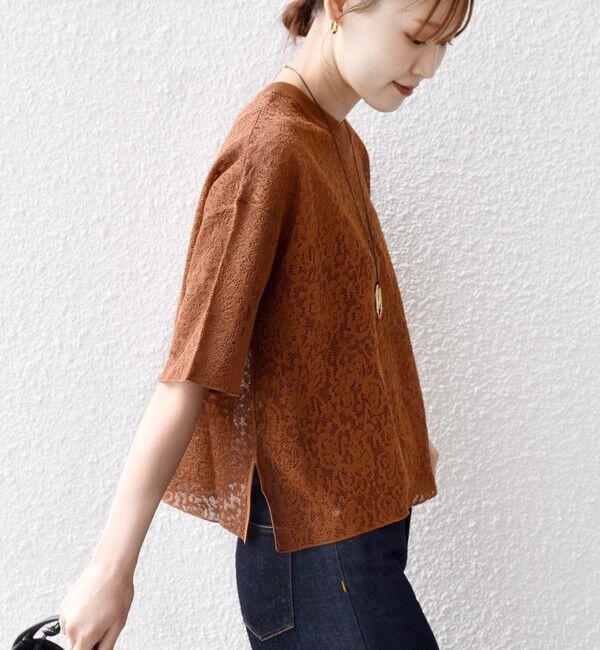 SHIPS for women「〈手洗い可能〉レース ジャカード ショートスリーブ カットソー」|Tシャツ・カットソー|