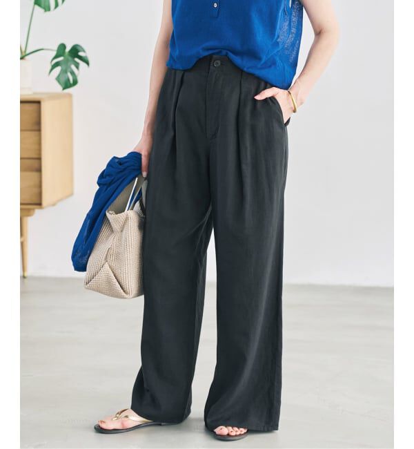 Spick and Span「ハイブリッドラミー1タックワイドパンツ」|スラックス|ブラック