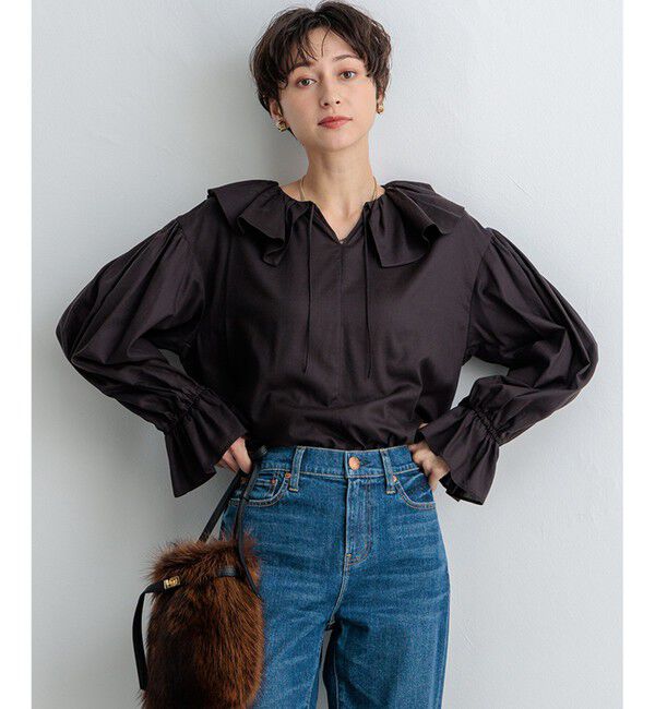23区「【SLOW/一部店舗限定】テンセルコットンジョーゼット フリル ブラウス」|シャツ・ブラウス|グレー系