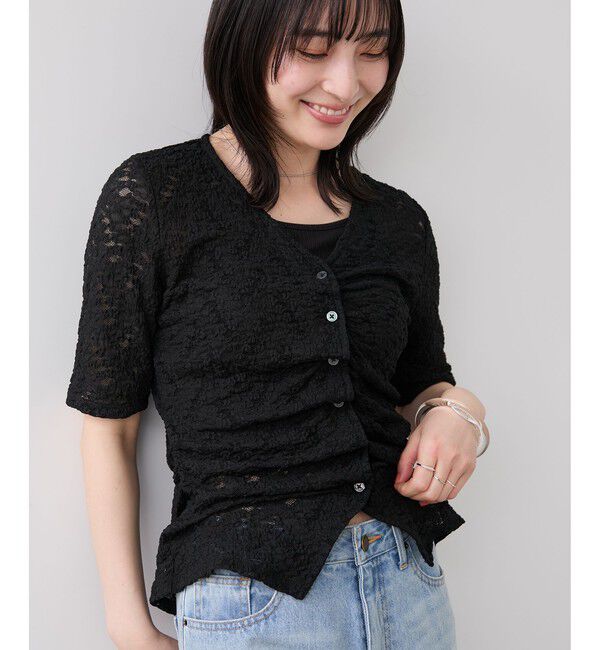 VIS「レース半袖フロントギャザートップス」|Tシャツ・カットソー|ブラック(01)
