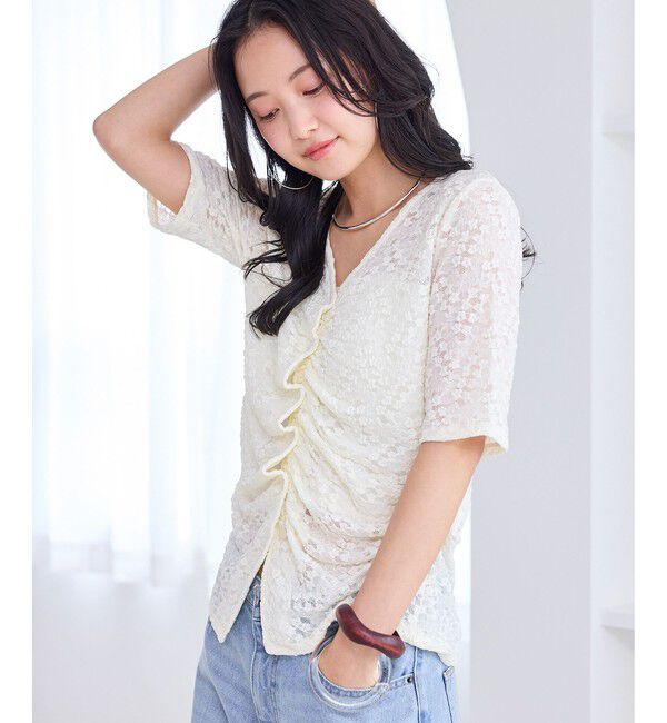 VIS「レース半袖フロントギャザートップス」|Tシャツ・カットソー|