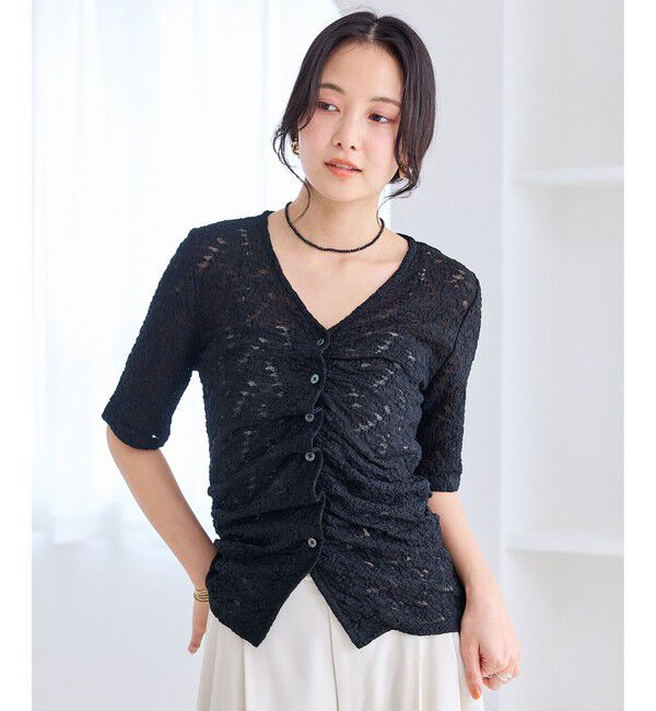 VIS「レース半袖フロントギャザートップス」|Tシャツ・カットソー|