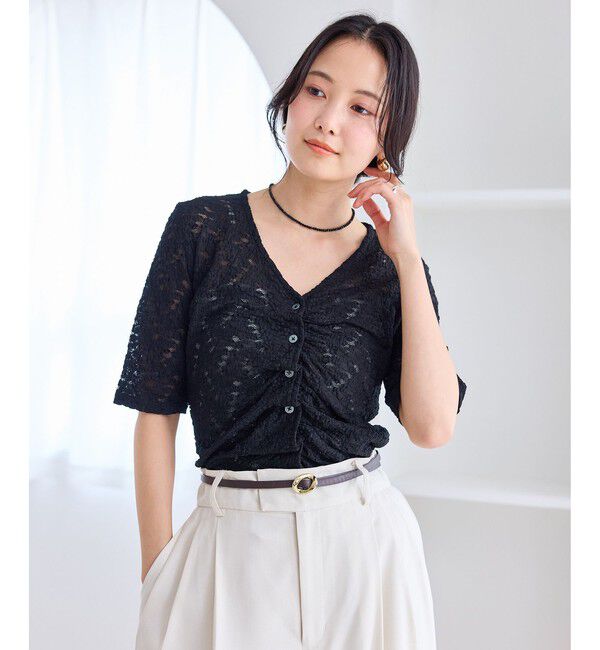 VIS「レース半袖フロントギャザートップス」|Tシャツ・カットソー|