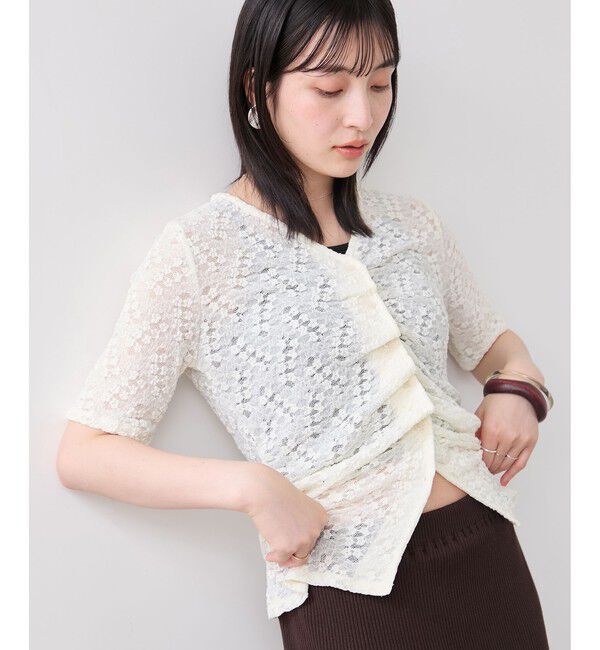 VIS「レース半袖フロントギャザートップス」|Tシャツ・カットソー|