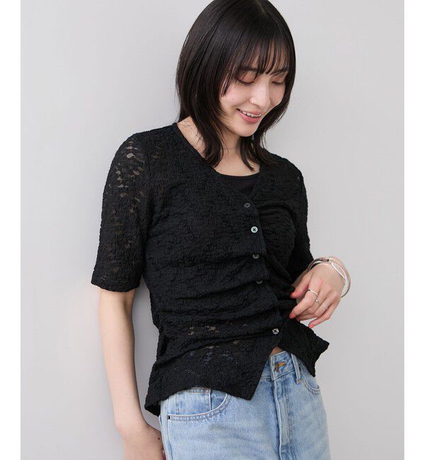 VIS「レース半袖フロントギャザートップス」|Tシャツ・カットソー|