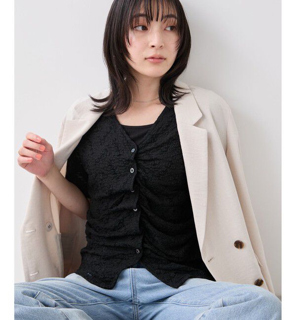 VIS「レース半袖フロントギャザートップス」|Tシャツ・カットソー|