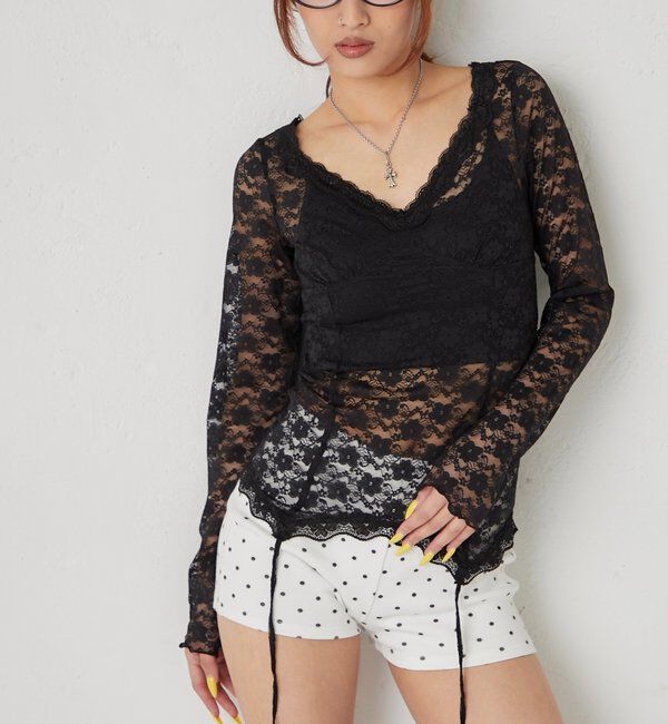  「【26AW新色カラーあり】レースガータートップス」|Tシャツ・カットソー|ブラック
