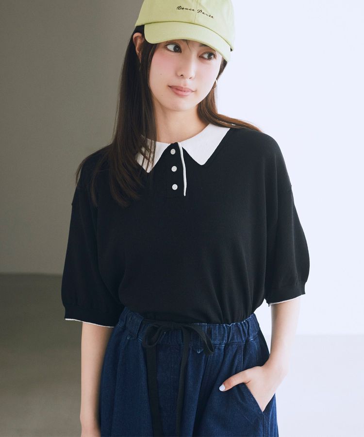 earth music&ecology「バイカラーポロニット」|ニット・セーター|Black
