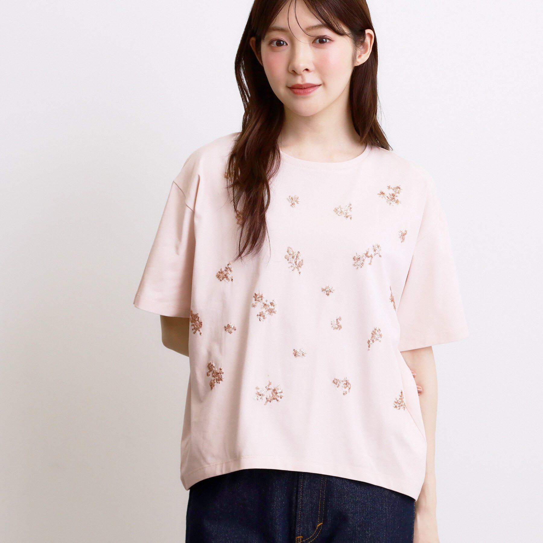 grove「フラワーモチーフスパンコールTシャツ」|Tシャツ・カットソー|ピンクベージュ(05