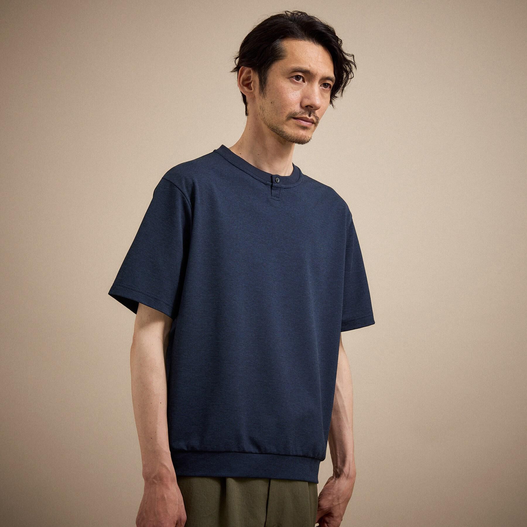 TAKEO KIKUCHI「リネン ライク 鹿の子 ヘンリー ハーフ ヘンリー ネック」|Tシャツ・カットソー|ネイビー(094)