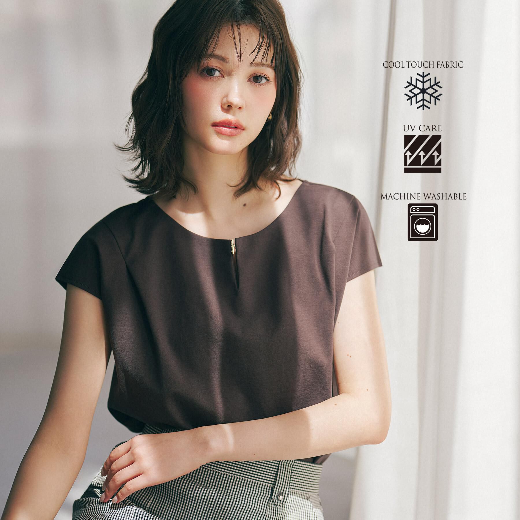 index「【接触冷感】ビジューキーネックフレンチトップス《UVケア／洗濯機OK／XS～3L／8col》」|Tシャツ・カットソー|