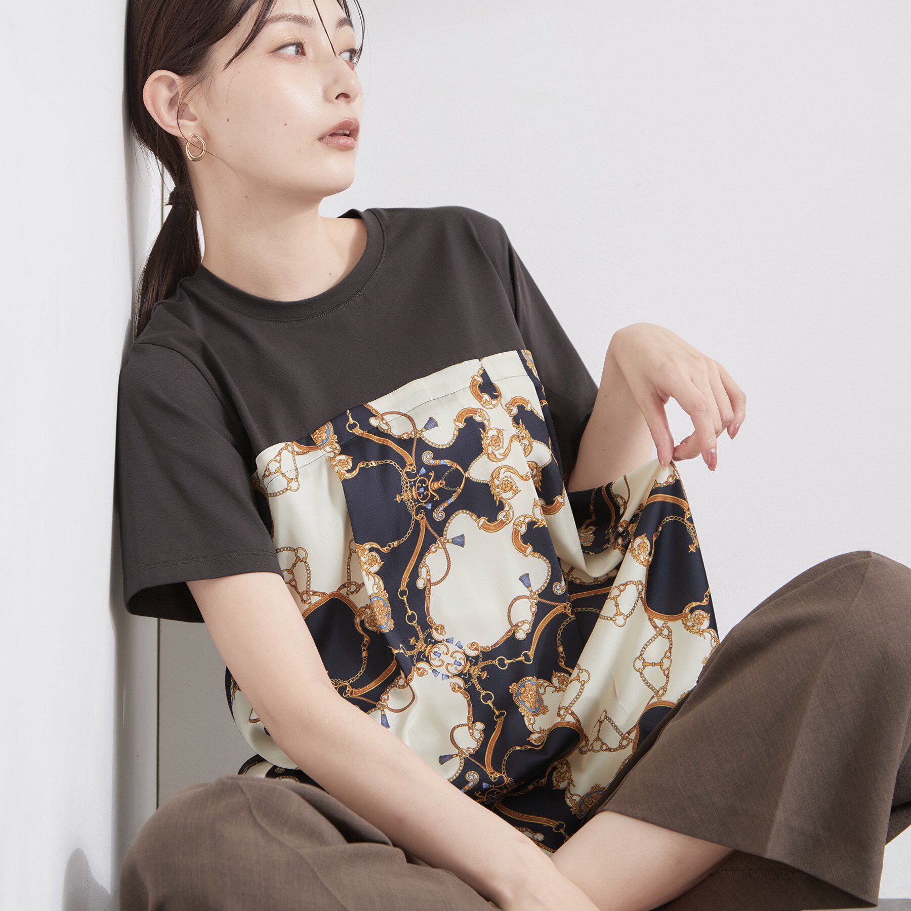 OPAQUE.CLIP「スカーフドッキング ビスチェカットソー【洗濯機OK】」|Tシャツ・カットソー|チャコールグレー(0